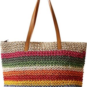 QZUnique Straw Handbags Rainbow Stitching Leather strap Shoulder Bag Women's Summer Beach Natural Casual Tote Bag Messenger Portable Bag