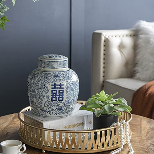 A&B Home Blue and White Ceramic Ginger Jar with Lid Ancient Chinese Oriental Style Multi Purpose