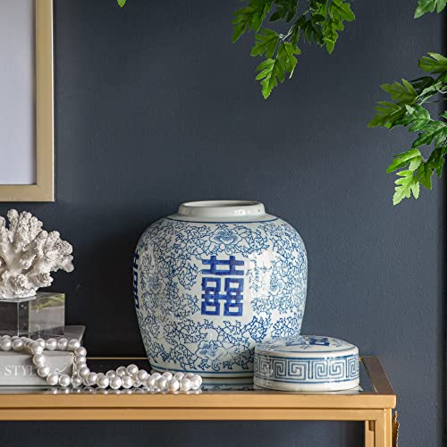 A&B Home Blue and White Ceramic Ginger Jar with Lid Ancient Chinese Oriental Style Multi Purpose