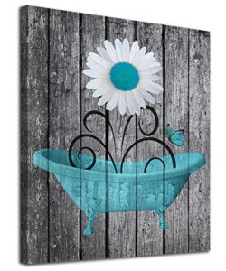 bathroom wall art daisy canvas pictures modern flower bathtub artwork rustic wood board background contemporary wall art decor bedroom living room office home framed ready to hang blue 12″ x 16″