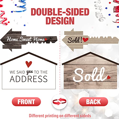 SweetMind 2 Pieces Real Estate Sold Signs, Wooden Double-Sided Social Media Photo Props, We Said Yes to the Address House Shaped and Home Sweet Home Key Shaped Wood Decor Closing Gift for Homeowner Realtor