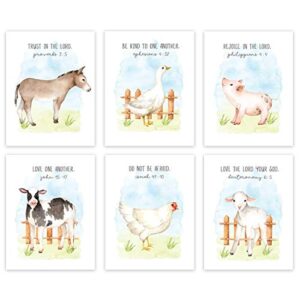 andaz press farm animals theme nursery kids bedroom hanging wall art decor, 8.5×11-inch, watercolor sky, bible christian verses, cow duck chicken pig lamb sheep, 6-pack, unframed room poster