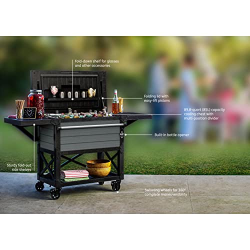 Keter KET-252172 89.8 Quart Outdoor Rolling Patio Cooler and Insulated Beverage Cart with Fold Down Glass Shelf and Built in Bottle Opener, Gray