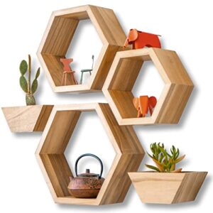 voohom hexagon floating shelves – set of 3 – 2 wooden plant pots – honeycomb floating shelves – geometric hexagon shelves – honeycomb decor – mounting accessories included