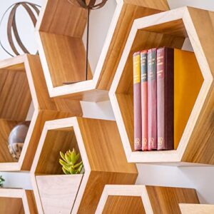 voohom Hexagon Floating Shelves – Set of 3 – 2 Wooden Plant Pots – Honeycomb Floating Shelves – Geometric Hexagon Shelves – Honeycomb Decor - Mounting Accessories Included