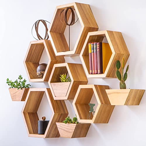 voohom Hexagon Floating Shelves – Set of 3 – 2 Wooden Plant Pots – Honeycomb Floating Shelves – Geometric Hexagon Shelves – Honeycomb Decor - Mounting Accessories Included