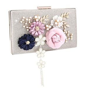 elabest evening clutch bag tassels shiny crossbody purse flowers pearls design handbag party bags for wedding cocktail party (champagne)