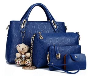 yaqunicer women pu leather 4pcs set handbag tote shoulder bags top-handle satchel purses cltuch wallet-blue