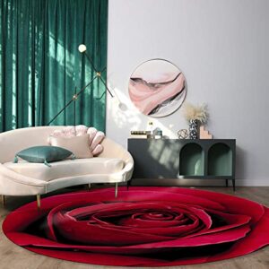 MUSEDAY Area Rug 3.3ft Round, Red Rose Flower Plant Kitchen Rugs Non Skid Area Indoor Floor Mat for Living Room, Bedroom