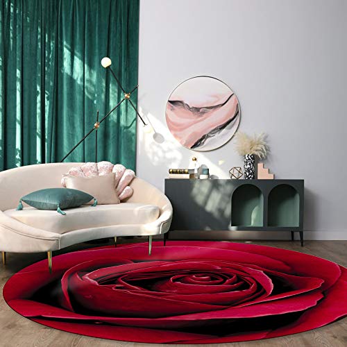 MUSEDAY Area Rug 3.3ft Round, Red Rose Flower Plant Kitchen Rugs Non Skid Area Indoor Floor Mat for Living Room, Bedroom