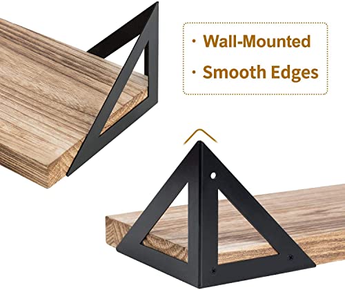 Klvied Floating Shelves Wall Mounted Set of 4, Rustic Wood Wall Shelves, Storage Shelves for Bedroom, Living Room, Bathroom, Kitchen, Office and More, Carbonized Black