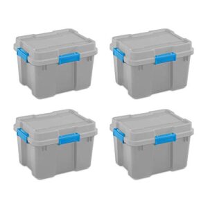 sterilite 20 gallon heavy duty plastic home organizing stackable storage container tote box with secure latching lid, gray/blue, (4 pack)