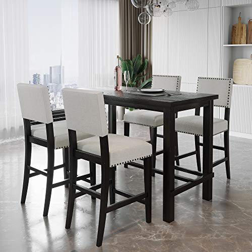 Merax 5 Piece Dining Set Kitchen Table Set Counter Height Table Set with One Rectangle Table and 4 Cushioned Chairs for 4 Persons Dining Room Table Set for Small Place(Table+4 Chairs)