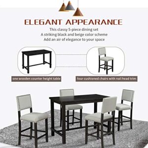 Merax 5 Piece Dining Set Kitchen Table Set Counter Height Table Set with One Rectangle Table and 4 Cushioned Chairs for 4 Persons Dining Room Table Set for Small Place(Table+4 Chairs)