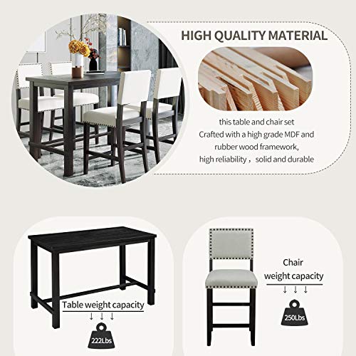 Merax 5 Piece Dining Set Kitchen Table Set Counter Height Table Set with One Rectangle Table and 4 Cushioned Chairs for 4 Persons Dining Room Table Set for Small Place(Table+4 Chairs)