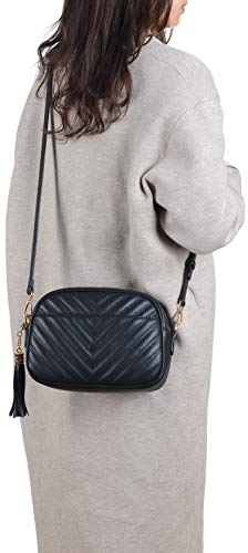 lola mae Quilted Crossbody Bag, Medium Lightweight Shoulder Purse Top Zipper Tassel Accent Black Bag (BLACK LM706V)