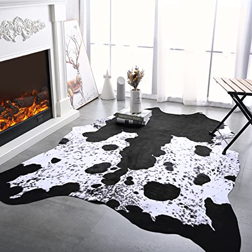 ISEAU Cow Print Rug Faux Cowhide Rugs Animal Printed Area Rug Carpet for Bedroom, Home Office, Livingroom, Home Decor Mat, 5.2ft x 6.2ft, Black