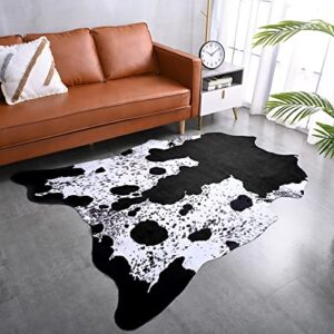 ISEAU Cow Print Rug Faux Cowhide Rugs Animal Printed Area Rug Carpet for Bedroom, Home Office, Livingroom, Home Decor Mat, 5.2ft x 6.2ft, Black