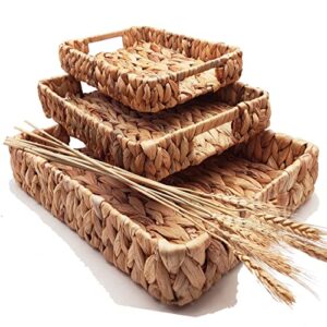 newqi set of 3 different sizes water hyacinth storage baskets with handles,rectangular rattan woven serving tray， large and small woven wicker baskets for storage organizing,perfect for open shelving