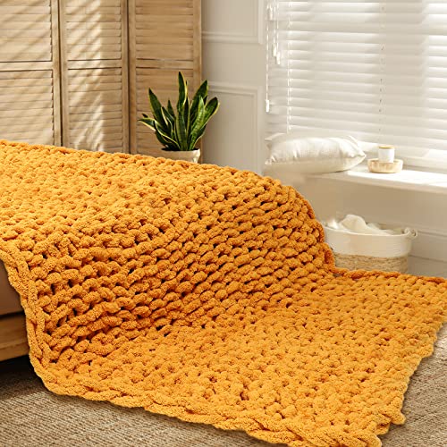 Chunky Knit Blanket Throw 40 x 60 Inch Handmade Chenille Cable Knit Throw Blanket Soft Chenille Yarn Knitted Throw for Bed Sofa Home Decor Chair Couch Pet Mat, Machine Washable (Yellow)