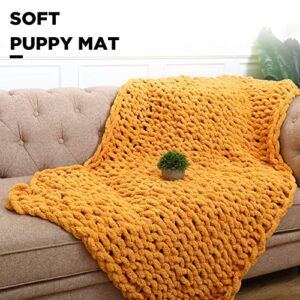 Chunky Knit Blanket Throw 40 x 60 Inch Handmade Chenille Cable Knit Throw Blanket Soft Chenille Yarn Knitted Throw for Bed Sofa Home Decor Chair Couch Pet Mat, Machine Washable (Yellow)