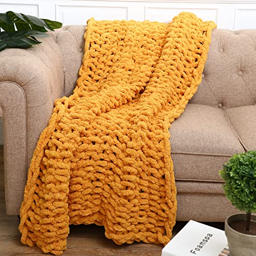 Chunky Knit Blanket Throw 40 x 60 Inch Handmade Chenille Cable Knit Throw Blanket Soft Chenille Yarn Knitted Throw for Bed Sofa Home Decor Chair Couch Pet Mat, Machine Washable (Yellow)