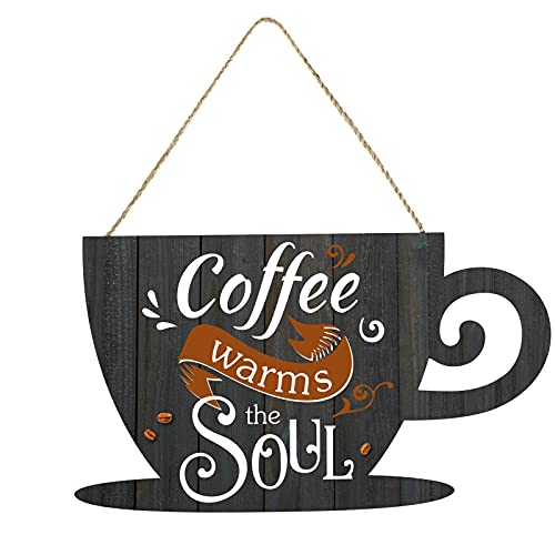 Jetec Coffee Bar Business Door Sign Wooden Coffee Wall Hanging Sign Rustic Farmhouse Coffee Cup Plaque Coffee Warms The Soul for Shop Store Window Restaurants Decoration 11.8 x 6.8 Inches