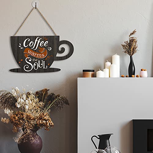 Jetec Coffee Bar Business Door Sign Wooden Coffee Wall Hanging Sign Rustic Farmhouse Coffee Cup Plaque Coffee Warms The Soul for Shop Store Window Restaurants Decoration 11.8 x 6.8 Inches