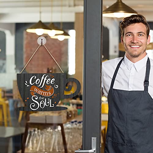 Jetec Coffee Bar Business Door Sign Wooden Coffee Wall Hanging Sign Rustic Farmhouse Coffee Cup Plaque Coffee Warms The Soul for Shop Store Window Restaurants Decoration 11.8 x 6.8 Inches