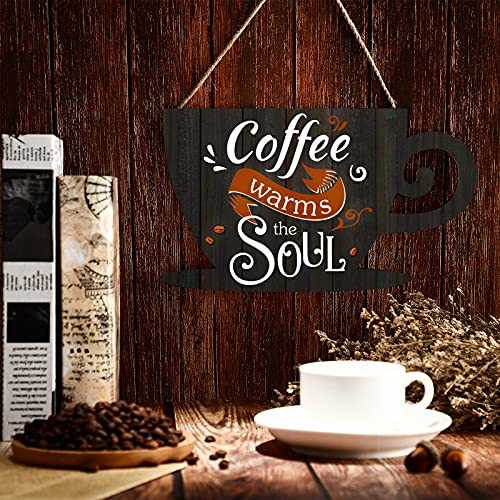 Jetec Coffee Bar Business Door Sign Wooden Coffee Wall Hanging Sign Rustic Farmhouse Coffee Cup Plaque Coffee Warms The Soul for Shop Store Window Restaurants Decoration 11.8 x 6.8 Inches