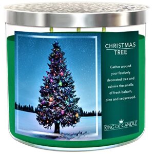 king of candle – christmas tree | large 3 wick strong scented christmas candles gifts for women | balsam pine evergreen fir fragrance| usa made long lasting 14 oz soy wax + decorative lid