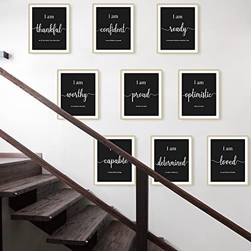 9 Pieces Inspirational Motivational Wall Art Office Bedroom Wall Art, Daily Positive Affirmations for Men Women Kids Inspirational Posters Inspirational Positive Quotes Sayings Wall Decor (Black)