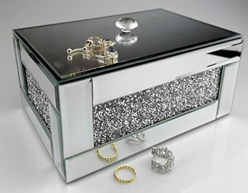 BANQLE Jewelry Box Watch Box Mirrored Makeup Organizer for Dresser Crystal Vanity Box Silver Bling Crushed Diamond