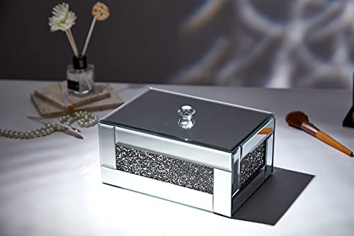 BANQLE Jewelry Box Watch Box Mirrored Makeup Organizer for Dresser Crystal Vanity Box Silver Bling Crushed Diamond