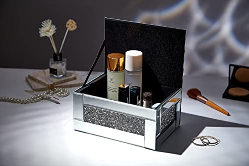 BANQLE Jewelry Box Watch Box Mirrored Makeup Organizer for Dresser Crystal Vanity Box Silver Bling Crushed Diamond