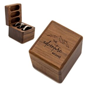 MUUJEE The Adventure Begins 3 Slot Ring Box - Engraved Triple Wooden Ring Case Box for Wedding Ceremony Ring Bearer Box - Anniversary Birthday Gift Ideas