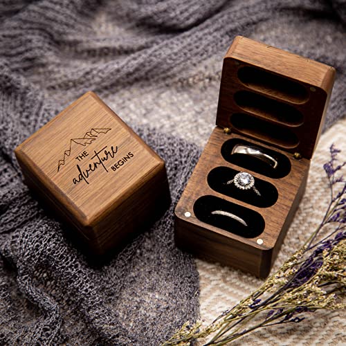 MUUJEE The Adventure Begins 3 Slot Ring Box - Engraved Triple Wooden Ring Case Box for Wedding Ceremony Ring Bearer Box - Anniversary Birthday Gift Ideas