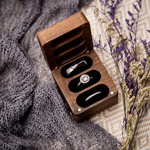 MUUJEE The Adventure Begins 3 Slot Ring Box - Engraved Triple Wooden Ring Case Box for Wedding Ceremony Ring Bearer Box - Anniversary Birthday Gift Ideas