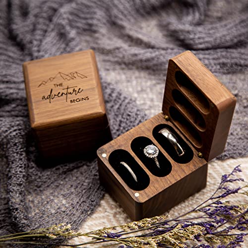 MUUJEE The Adventure Begins 3 Slot Ring Box - Engraved Triple Wooden Ring Case Box for Wedding Ceremony Ring Bearer Box - Anniversary Birthday Gift Ideas