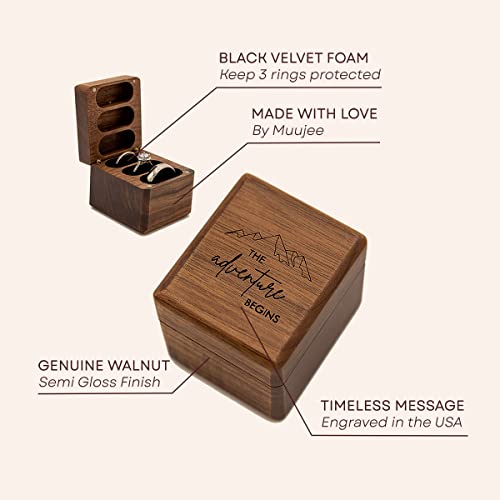 MUUJEE The Adventure Begins 3 Slot Ring Box - Engraved Triple Wooden Ring Case Box for Wedding Ceremony Ring Bearer Box - Anniversary Birthday Gift Ideas