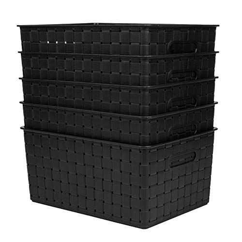 Bekith 5 Pack Woven Plastic Storage Basket, Woven Basket Bin, 10" L x 7" W x 4.4" H, Black