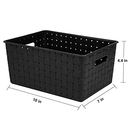 Bekith 5 Pack Woven Plastic Storage Basket, Woven Basket Bin, 10" L x 7" W x 4.4" H, Black