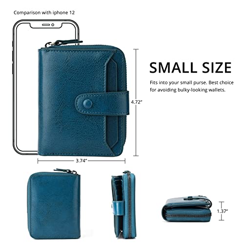 Small Wallets for Women RFID Blocking Leather Zipper Coin Pocket Wallet Card Case with ID Window (Peacock Blue)