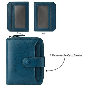 Small Wallets for Women RFID Blocking Leather Zipper Coin Pocket Wallet Card Case with ID Window (Peacock Blue)