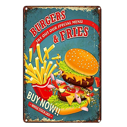 AMELIA SHARPE Metal Sign Hamburger and French Fries Decoration bar Restaurant Garage Fast Food Restaurant Sign Wall Retro Tin Sign 12x8“