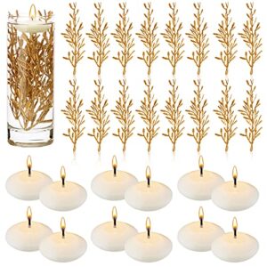 32 pieces faux flowers for floating candles, 12 unscented floating candles for centerpieces, 6 inch flower filler vase fillers filling in floating candles for wedding dinning table (gold)