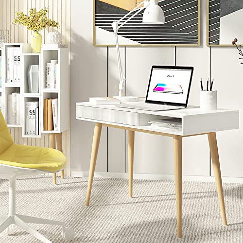 White Desk Mid Century Modern Desk Wooden Desk with Drawer Small Office Desk Mid Century Computer Desk White Makeup Table, by Artswish