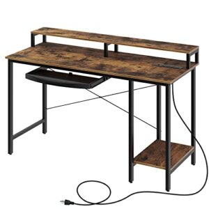 rolanstar computer desk with power outlet and monitor stand shelf, 55” home office pc desk with keyboard tray and usb ports charging station, desktop table,stable metal frame workstation, rustic brown