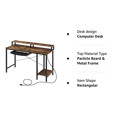 Rolanstar Computer Desk with Power Outlet and Monitor Stand Shelf, 55” Home Office PC Desk with Keyboard Tray and USB Ports Charging Station, Desktop Table,Stable Metal Frame Workstation, Rustic Brown