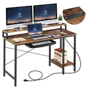 Rolanstar Computer Desk with Power Outlet and Monitor Stand Shelf, 55” Home Office PC Desk with Keyboard Tray and USB Ports Charging Station, Desktop Table,Stable Metal Frame Workstation, Rustic Brown